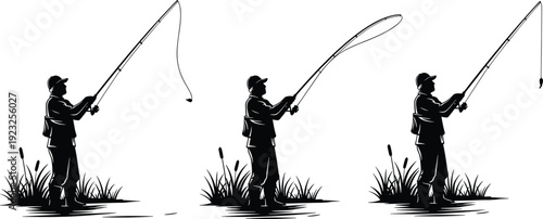 Fisherman casting fishing rod by lakeside in black silhouette vector illustration isolated on light background for outdoor recreation and hobby design