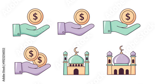 Flat lay illustration of hands giving and receiving money with mosques, conveying zakat alms giving and charity in Islam with a simple, colorful style.