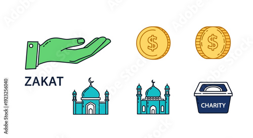 Flat lay illustration of a hand giving zakat alms, coins, and mosque icons representing zakat obligation in Islam and charity for poverty alleviation and economic equality.