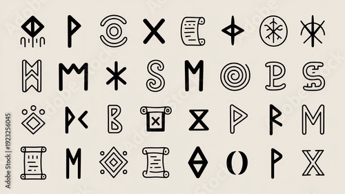 Collection of ancient runes and mystic symbols hand-drawn glyphs for esoteric design isolated on a light background