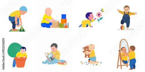 Adorable babies exploring, playing, and learning through various developmental activities, illustrating childhood milestones and growth.