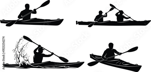 Kayaker and canoe paddling silhouettes on water in black vector illustration isolated on light background for outdoor adventure and sport  