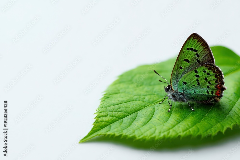 Obraz premium A stunning macro capture reveals a delicate green butterfly gracefully perched on a vibrant, textured green leaf, set against a soft, luminous light background. The intricate details of the butterfly'