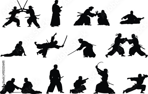Martial arts fighters with swords and combat poses in black silhouette vector illustration isolated on light background for training and action design
