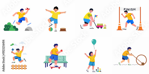 A boy engaging in various outdoor activities and playing games, illustrating childhood fun, an active lifestyle, and imaginative play.