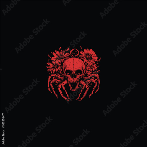 Intricate hand-drawn dark art illustration featuring a human skull with spider legs, surrounded by floral ornaments, presented in deep red on a black background.