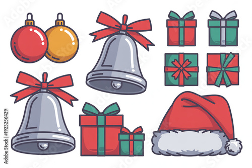 Collection of Christmas icons including baubles bells gift boxes and Santa hat flat vector design elements for holiday season graphics and decorations isolated on white