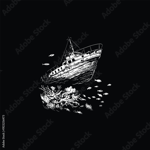 hand-drawn illustration of a shipwreck resting on the ocean floor, surrounded by coral reefs and small fish