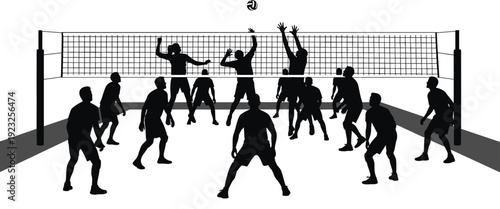 Professional volleyball match silhouettes vector illustration with players jumping and spiking ball over net for team sports competition and tournament