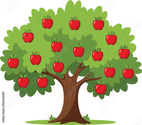 Vector Illustration of a Lush Green Apple Tree With Ripe Red Fruits Isolated on White Background for Agriculture Farming and Healthy Food Design