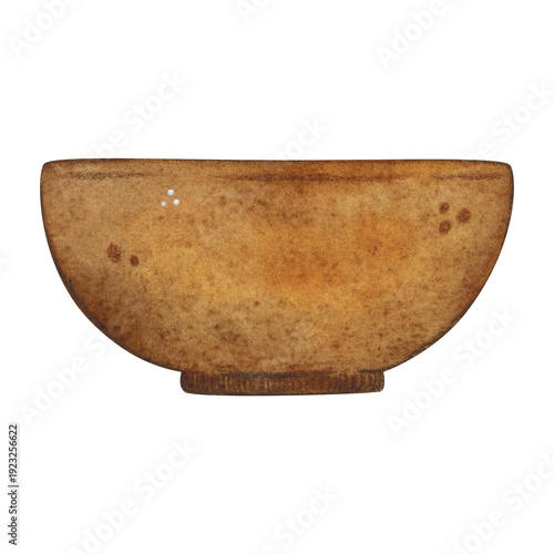Brown clay Chinese tea bowl. Hand-drawn watercolor illustration, cartoon. Design for stickers, cards, posters, scrapbooking. Food, China, ceremony, tea drinking, China, India, Japan