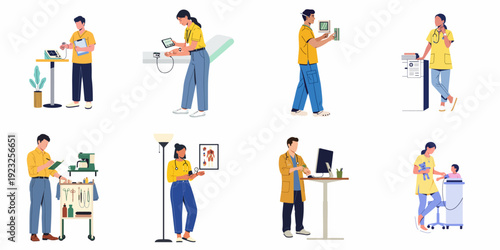 Healthcare professionals perform medical examinations, utilize diagnostic equipment, manage records, and provide patient care in diverse clinical settings, showcasing modern medical practice.