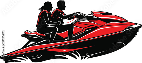 Modern red and black jet ski vector illustration with two people riding fast on water waves for summer extreme sports