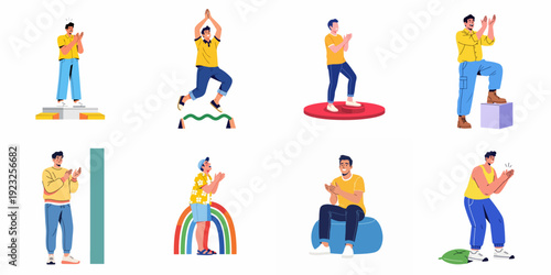Diverse Men Celebrating Success and Expressing Appreciation Through Clapping and Cheering in Various Poses and Dynamic Settings