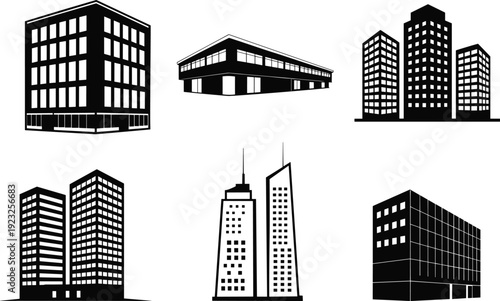 Modern urban buildings and office skyscraper silhouettes in black vector illustration isolated on light background for city skyline and architecture design
