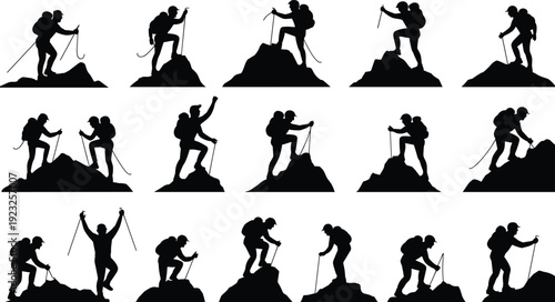 Mountain climber and hiker silhouettes reaching summit peaks in black vector illustration isolated on light background for adventure travel and outdoor sport design