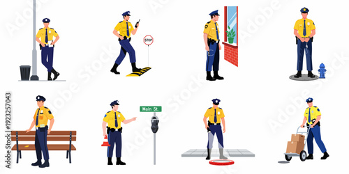Flat vector illustrations of a male police officer in different work scenarios, highlighting diverse law enforcement duties and poses.