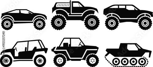 Off road trucks and 4x4 vehicle silhouettes collection in black vector illustration isolated on light background for automotive, adventure and transport design
