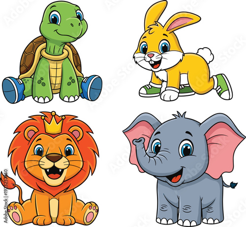 Cute Baby Animal Characters Set with Turtle, Bunny, Lion and Elephant Cartoon Vector Illustration Collection
