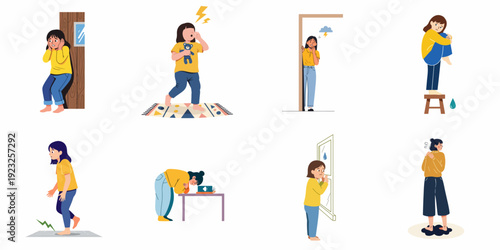 Illustrations depicting common fears, anxiety, phobias, and various forms of physical and emotional discomfort in daily life.