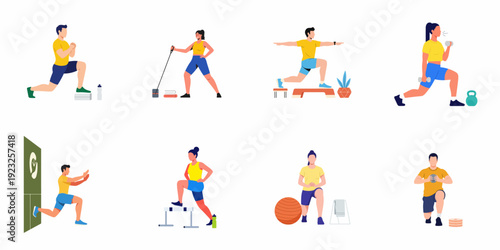 Diverse individuals demonstrate various lunge exercises and fitness workouts using different equipment for a healthy lifestyle.