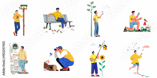 Illustrations of people enjoying nature, birdwatching, feeding, and observing birds in diverse outdoor settings, showcasing connection with wildlife.