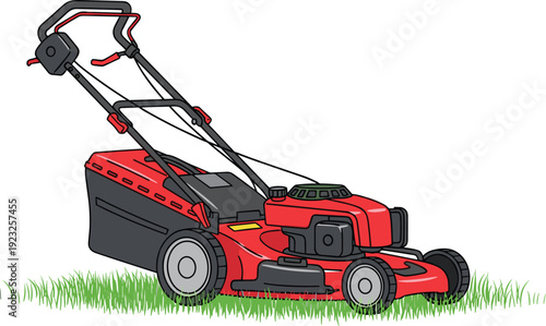 Red gasoline lawn mower on green grass, detailed garden equipment illustration isolated on white background for landscaping and yard maintenance concept