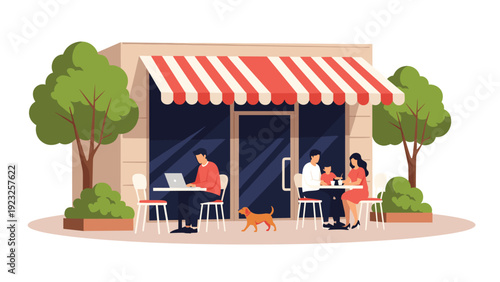 Lively outdoor cafe scene with people sitting at tables under a red striped awning with a dog walking by on a sunny day in the city.