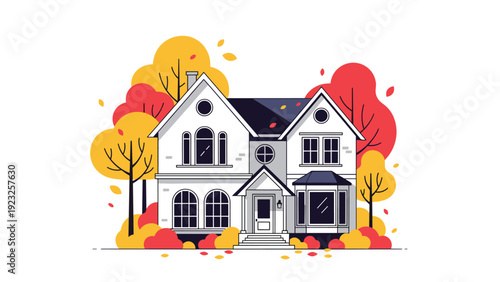 Picturesque view of a large two story modern family house surrounded by vibrant red, orange, and yellow autumn trees with falling leaves in the air.
