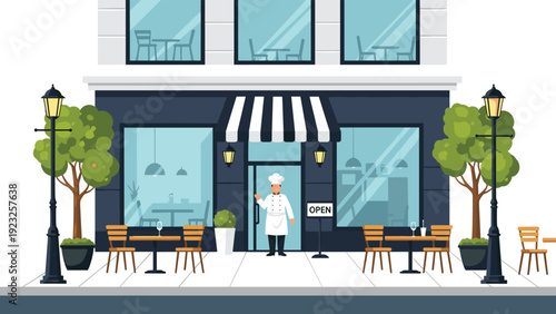 Charming restaurant storefront with outdoor tables and chairs under a striped awning with a chef standing in the doorway welcoming customers.