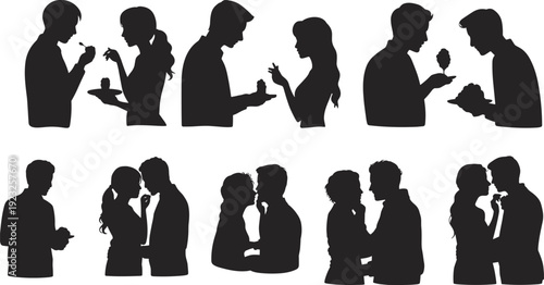 Romantic couple silhouettes sharing dessert and intimate moments vector illustration isolated on light background for love, dating, relationship and Valentine celebration design