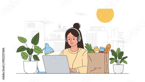 Focused woman with headphones working on a laptop at a desk with a bag of fresh groceries and potted plants in front of a city skyline sketch.