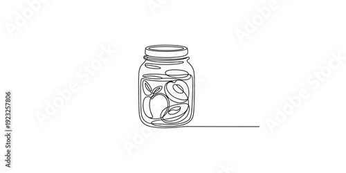 Continuous line drawing of a glass mason jar filled with preserved fruits or vegetables