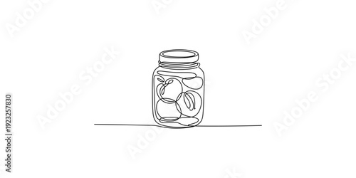 A minimalist line art illustration featuring a glass jar filled with preserved fruit slices