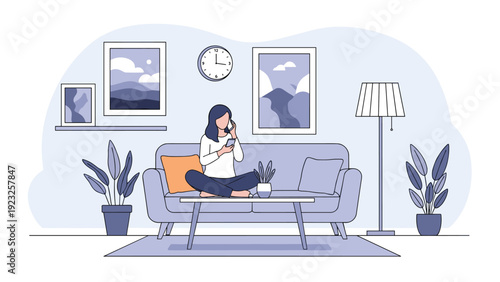 Woman relaxing on a couch in a cozy modern living room while talking on a smartphone and using a tablet device in a clean flat vector style.