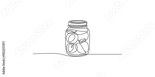 Continuous line drawing of a glass jar containing circular items, presented in a minimalist style