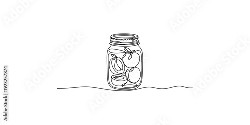 A minimalist black and white line art illustration of a glass jar filled with preserved food
