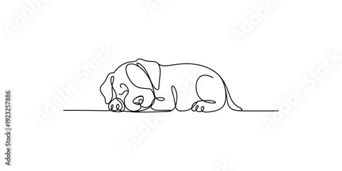A simple line art illustration of a small puppy sleeping peacefully on the ground, curled up in a cute pose.
