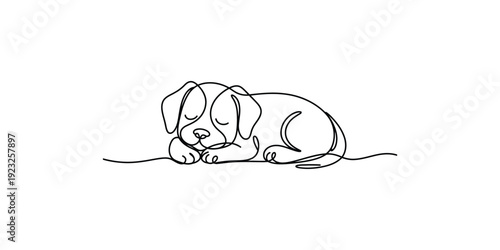 A minimalist continuous line art drawing of a small puppy sleeping peacefully curled up on a white background
