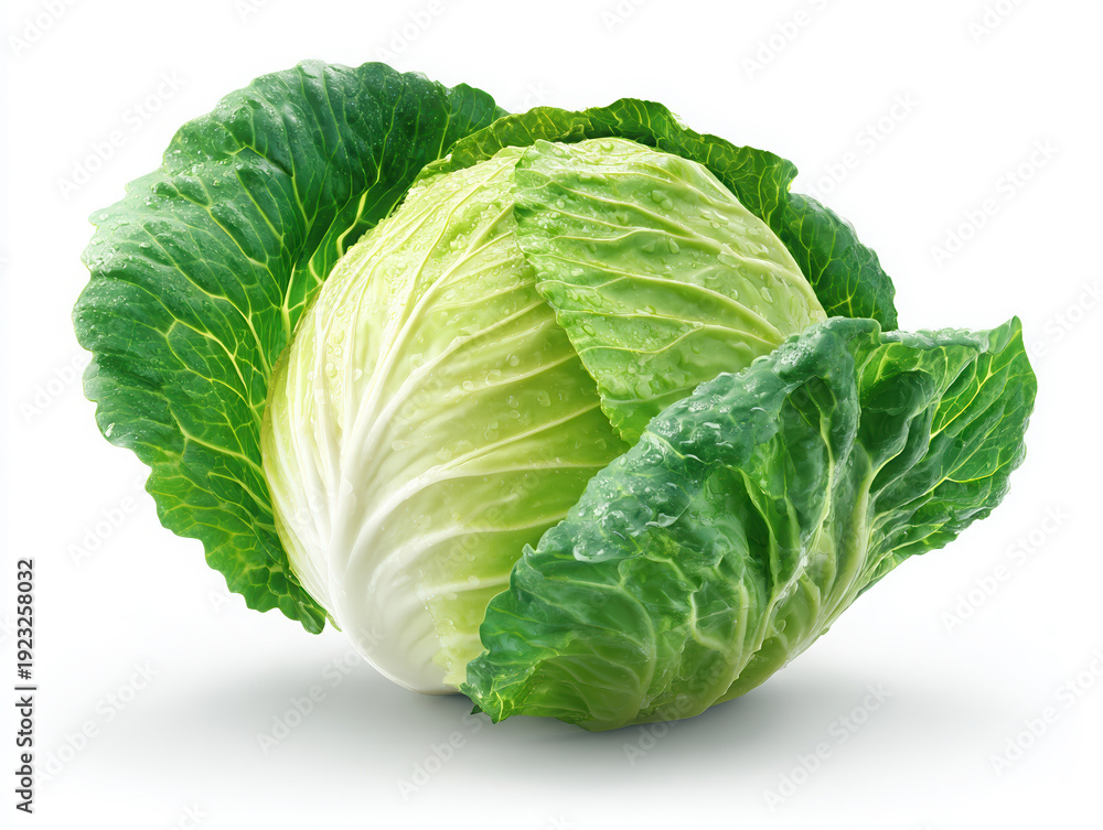 Fototapeta premium A whole fresh vibrant green cabbage head covered with glistening water droplets isolated against a pure white background