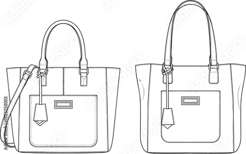Black and white vector line art illustration of a women leather tote bag with shoulder straps and front pocket from two different design views