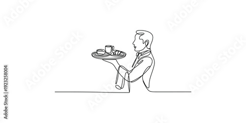 Continuous line art drawing of a waiter holding a tray with food, illustrating professional service in a restaurant setting.