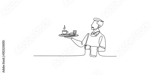 Continuous line drawing of a waiter holding a tray with food items on a white background