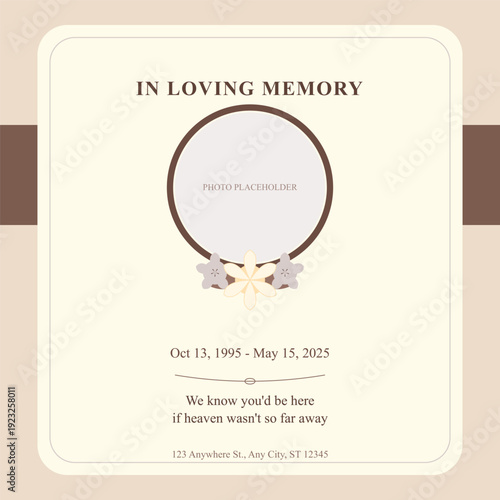 Minimalist funeral program card template with floral circle frame
