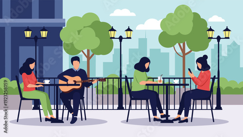 People enjoying coffee and playing acoustic guitar at an outdoor city cafe with trees and urban buildings in the background in flat vector style.