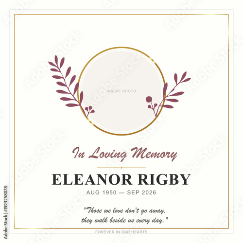 Elegant funeral invitation template with gold circle frame and leaves