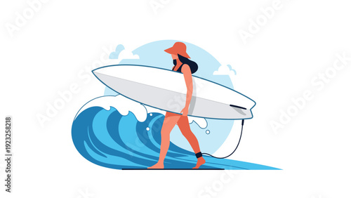 Active woman carrying a surfboard while walking along the beach with a large blue ocean wave in the background in a clean flat vector style.