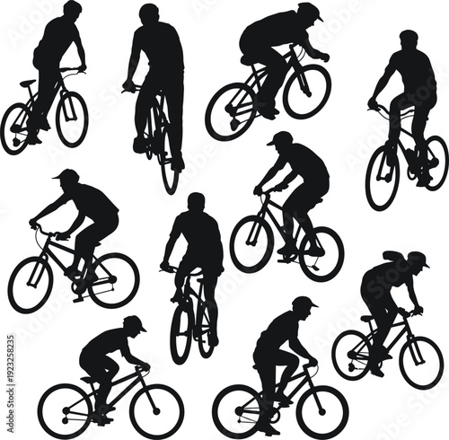 Set of cyclist silhouettes performing bicycle stunts and riding poses in black vector illustration isolated on light background for sports design