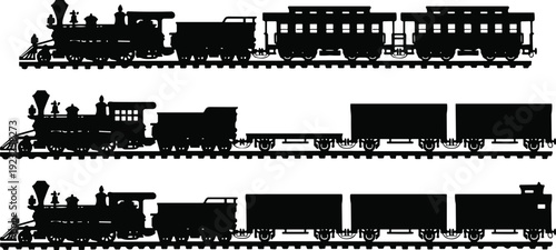 Vintage steam locomotive train silhouette set with passenger and freight wagons on railway tracks for historical transportation industrial revolution and classic rail travel design