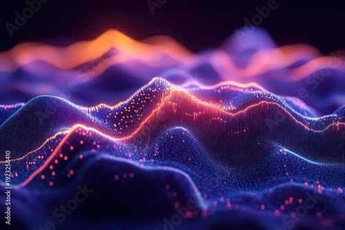 Abstract Digital Landscape with Glowing Particle Waves